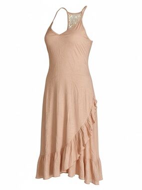 Blush Pink Lace Back Babydoll Dress M L Sheer Lightweight Ruffle Hem Boho NWOT
